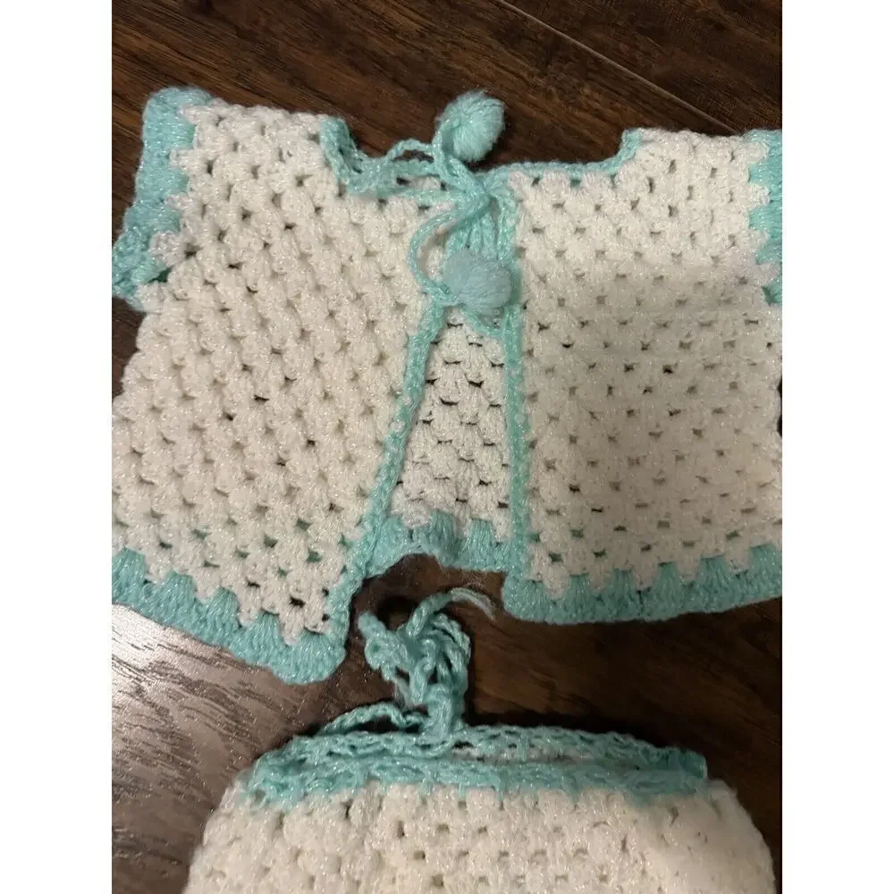 Handmade Crochet White Blue Baby Sweater And Bottoms 0-6 months Vintage